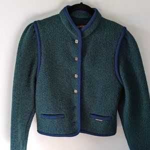 Geiger Tyrol sz 34 blue/green boiled wool jacket, silver buttons, pockets